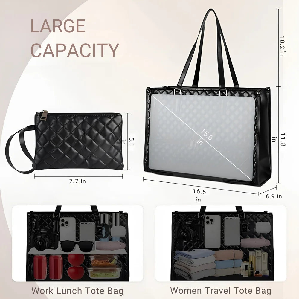 Elegant Laptop Tote Bag with Insulated Lunch Compartment | Stylish Quilted Work Shoulder Bag for Women, Office & Travel