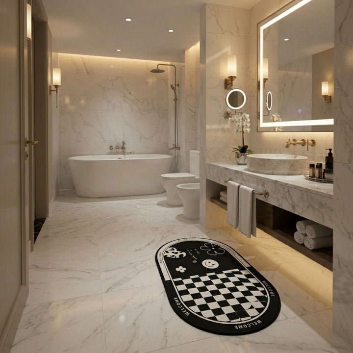 Black & White Anti-Slip Bathroom Mat | Modern Oval Bath Rug | Soft Absorbent Quick Dry Floor Carpet