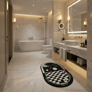 Black & White Anti-Slip Bathroom Mat | Modern Oval Bath Rug | Soft Absorbent Quick Dry Floor Carpet