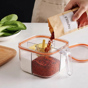 4-Compartment Clear Seasoning Box with Lid & 4 Serving Spoons | Spice & Condiment Storage Container for Kitchen
