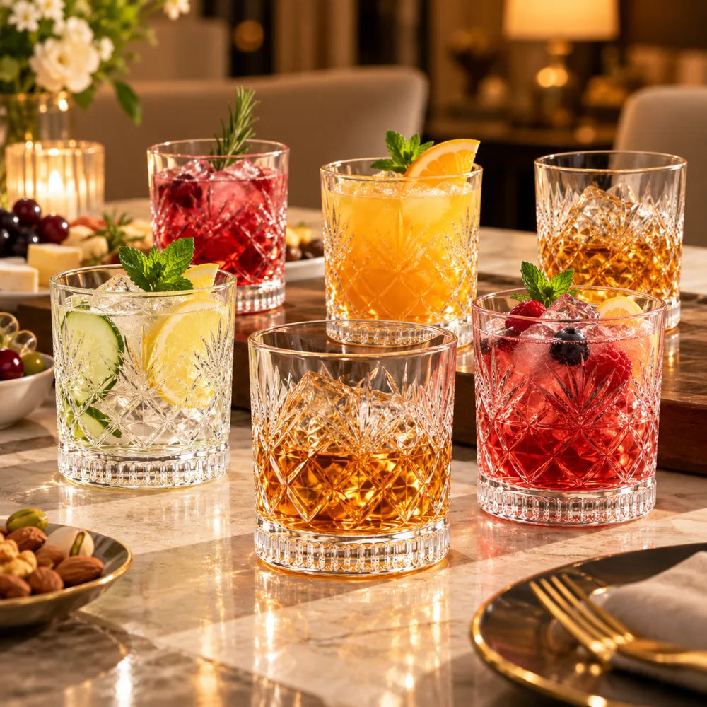 DELLUOGA Set of 6 Prism Cut Whiskey Glasses 205ml | Thick-Walled Wide Mouth Rocks Glasses for Whiskey, Scotch, Bourbon, Cocktails & juices