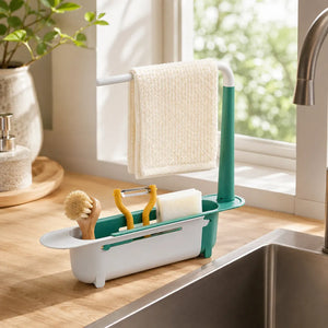 Adjustable Sink Rack Holder & Drain Basket | Extendable Sponge, Soap & Towel Organizer | Kitchen Sink Storage Basket