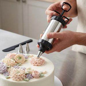 Stainless Steel Icing Gun Cake Decorating Kit | Pastry Syringe with Nozzles & Reusable Piping Bags for Cakes & Cupcakes