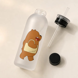 1000ml Cute Bear & Panda Sports Water Bottle with Straw | BPA-Free Frosted Plastic Bottle with Wrist Strap | Wide Mouth Drinking Bottle