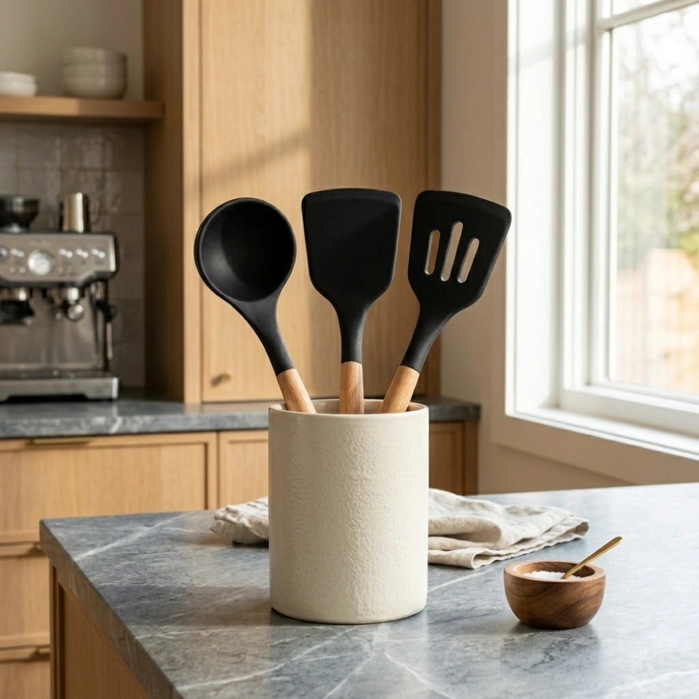 3-Piece Silicone Kitchen Utensil Set with Wooden Handles | Non-Stick Cooking Spatula, Turner & Soup Ladle, Heat Resistant Kitchen Tools
