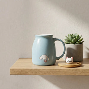 400ml Cute Cat Ceramic Coffee Mug with Wooden Lid & Stainless Steel Spoon | Kawaii Kitty Tea Cup for Home & Office