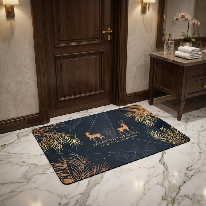 Mystic Deer Quote Bath Mat | Non Slip Bathroom Rug with Gold Leaf Boho Spa Decor