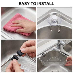 Stainless Steel Sink Corner Strainer Basket | Triangle Kitchen Sink Drain Shelf Organizer | Rustproof Corner Rack for Sponge & Scrubber Storage