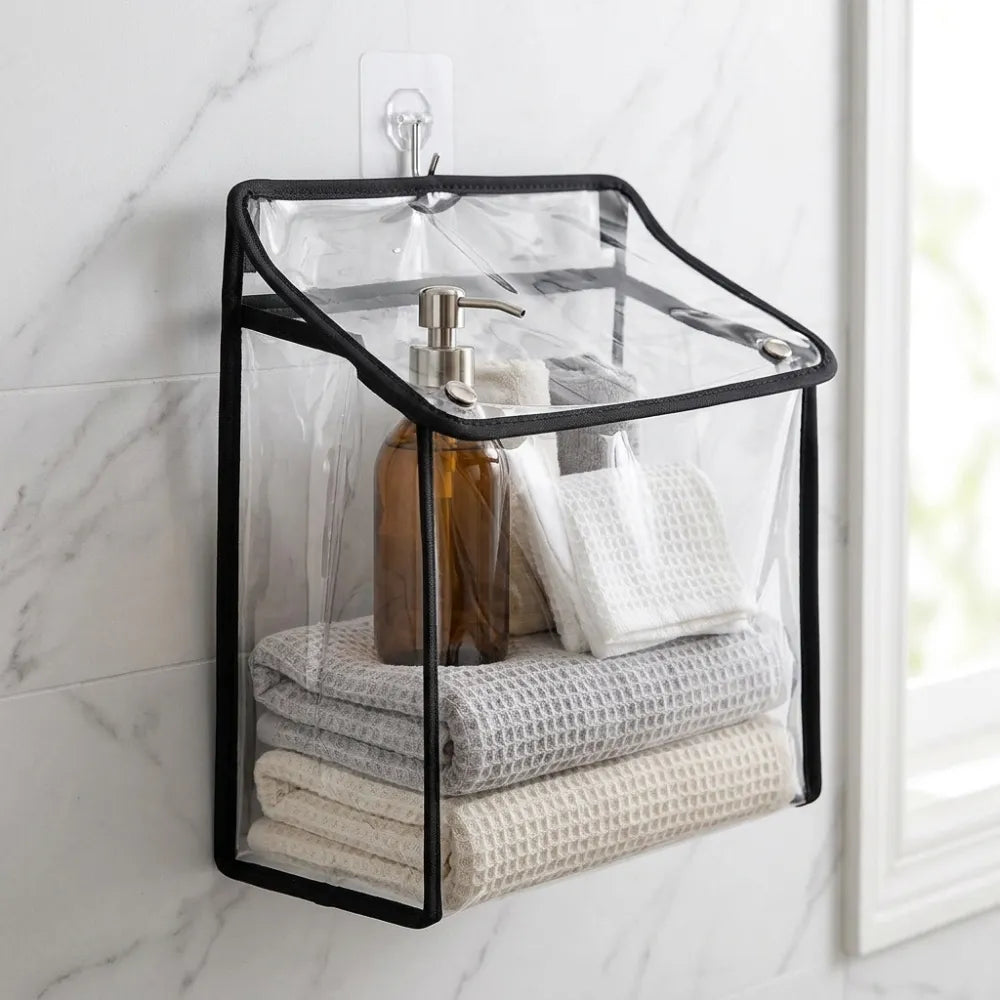 Clear PVC Hanging Storage Bag | Waterproof Bathroom Organizer with Hooks | Portable Toiletry, Laundry & Clothes Storage Bag