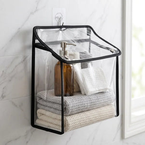 Clear PVC Hanging Storage Bag | Waterproof Bathroom Organizer with Hooks | Portable Toiletry, Laundry & Clothes Storage Bag