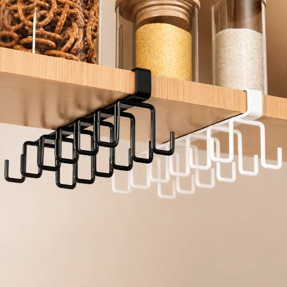 Double Row Cup Holder Rack with 12 Hooks | Metal Under Cabinet Mug & Coffee Cup Hanging Organizer | Kitchen Towel Holder