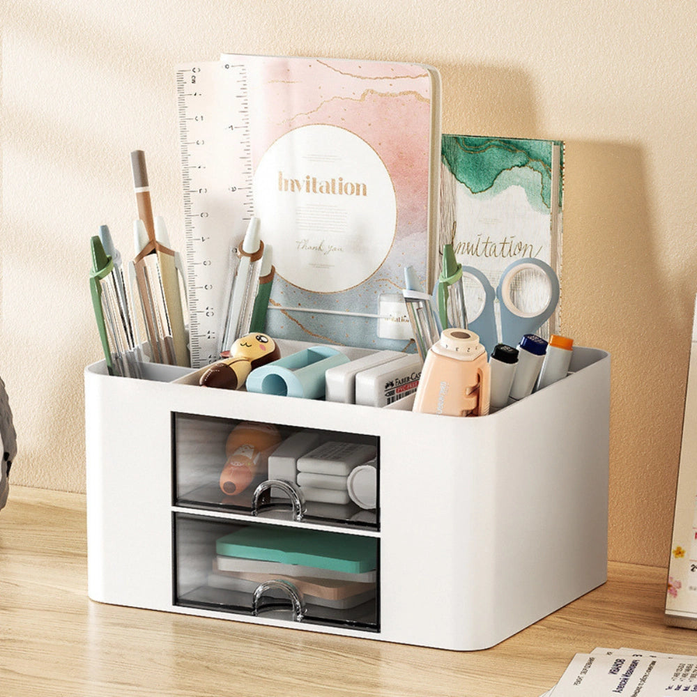 Multi-Functional Desk Organiser with 2 Drawers | Large Capacity Desktop Pen, Pencil & Stationery Storage Holder