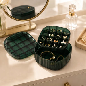 2-Layer Clear Acrylic Jewelry Organizer Box | Green Tray Storage for Earrings, Necklaces, Rings & Accessories | Dresser Organizer