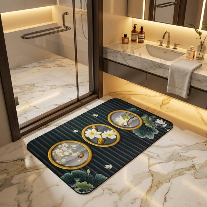 Luxury Floral Oval Anti-Slip Bath Mat | Soft Absorbent Quick Dry Bathroom Floor Rug | Modern Waterproof Door Mat