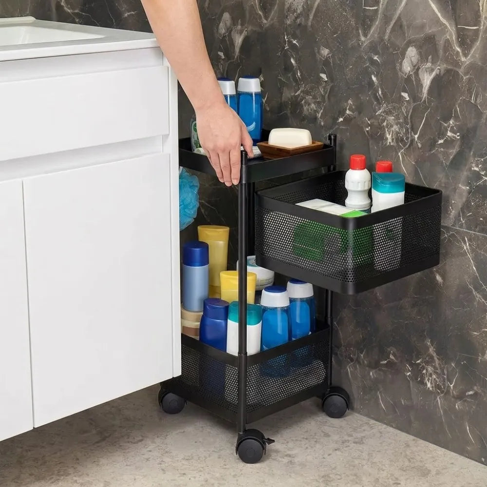 2-Layer Square Multipurpose Storage Trolley with Wheels | Rotating Organizer for Home & Office