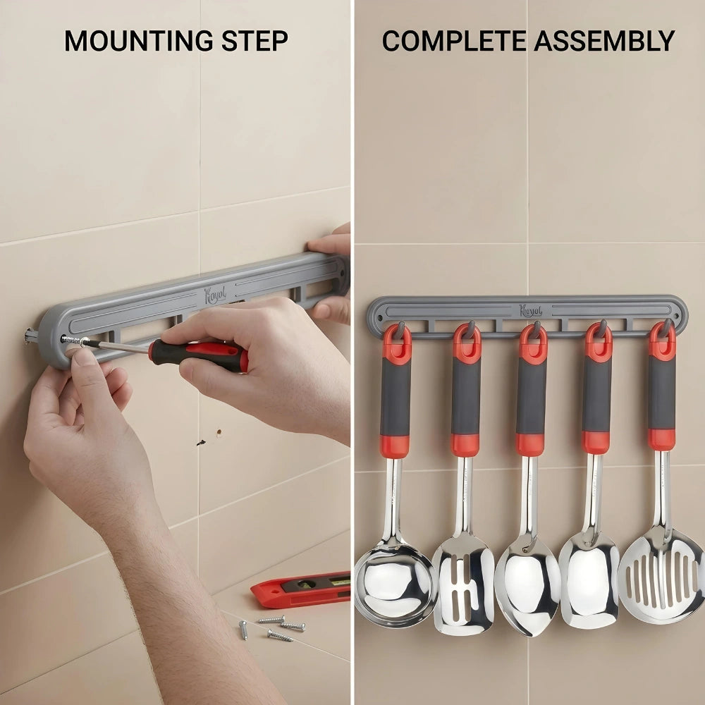 2-in-1 Stainless Steel Frying Tool Set with Clip & Strainer | Oil Frying Spoon, Skimmer, Serving Tong, BBQ Filter & Kitchen Utensil Set with Wall Holder