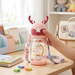 600ml Cute Cartoon Kids Water Bottle with Straw & Strap | Leakproof BPA-Free Sipper Bottle with Reindeer Antlers Cap for School & Travel