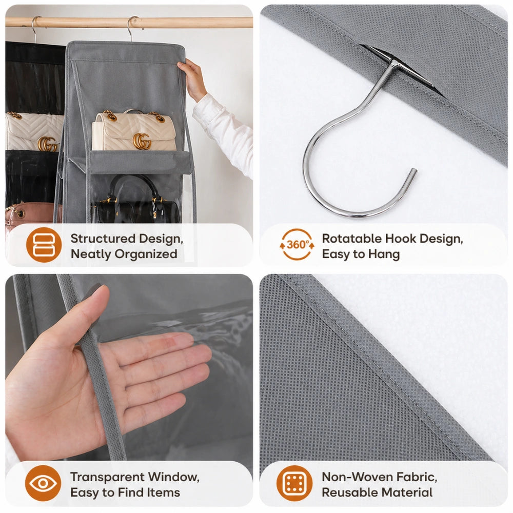 Hanging Handbag Organizer for Closet With 6 Large Compartments & Hanger