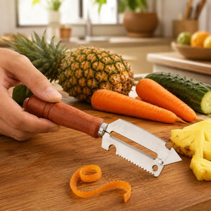 4-in-1 Stainless Steel Vegetable Peeler with Wooden Handle | Fruit & Vegetable Peeler, Julienne Cutter, Fish Scaler & Bottle Opener