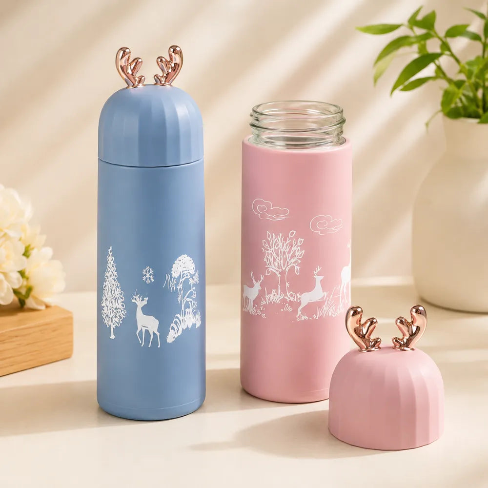 350ml Cute Deer Glass Water Bottle | Leakproof Insulated Flask with Antler Lid | BPA-Free Reusable Sipper for Kids, Girls & Travel (1Pcs)