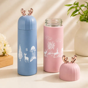 350ml Cute Deer Glass Water Bottle | Leakproof Insulated Flask with Antler Lid | BPA-Free Reusable Sipper for Kids, Girls & Travel (1Pcs)