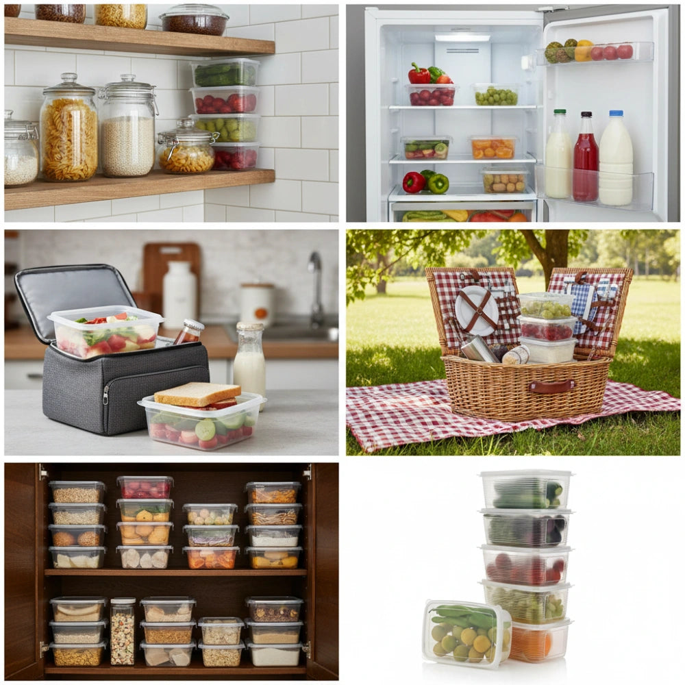 Fridge Storage Containers (Set of 6) with Draining Basket 1800ml | Stackable Airtight Food Organizer Boxes