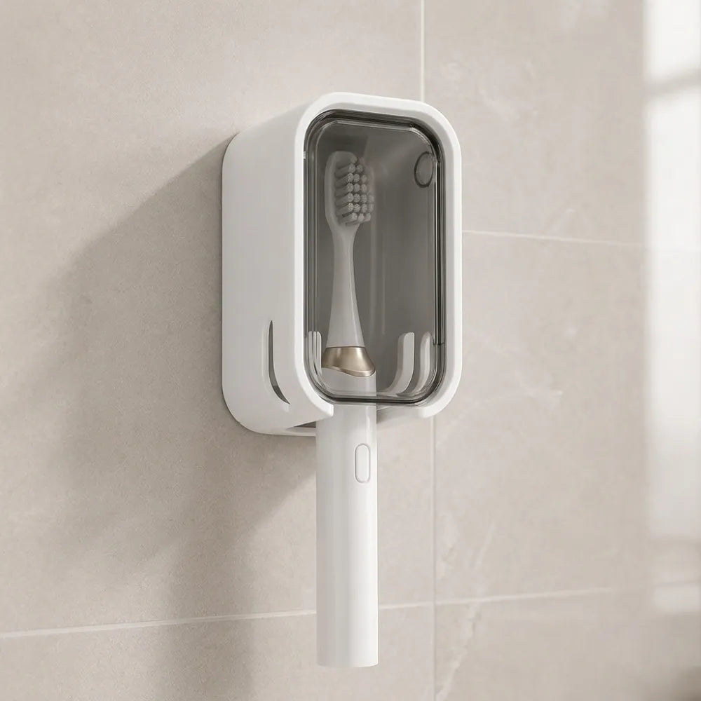 Wall Mounted Toothbrush Holder with Dustproof Cover | Self-Adhesive Bathroom Toothbrush Organizer with Clear Window & Quick-Dry Design