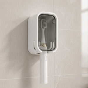 Wall Mounted Toothbrush Holder with Dustproof Cover | Self-Adhesive Bathroom Toothbrush Organizer with Clear Window & Quick-Dry Design