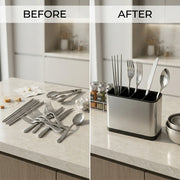 Stainless Steel Cutlery Holder with 4 Compartments | Kitchen Utensil Organizer Caddy for Spoons, Forks, Knives & Cooking Tools | Countertop Storage Drainer  Handle