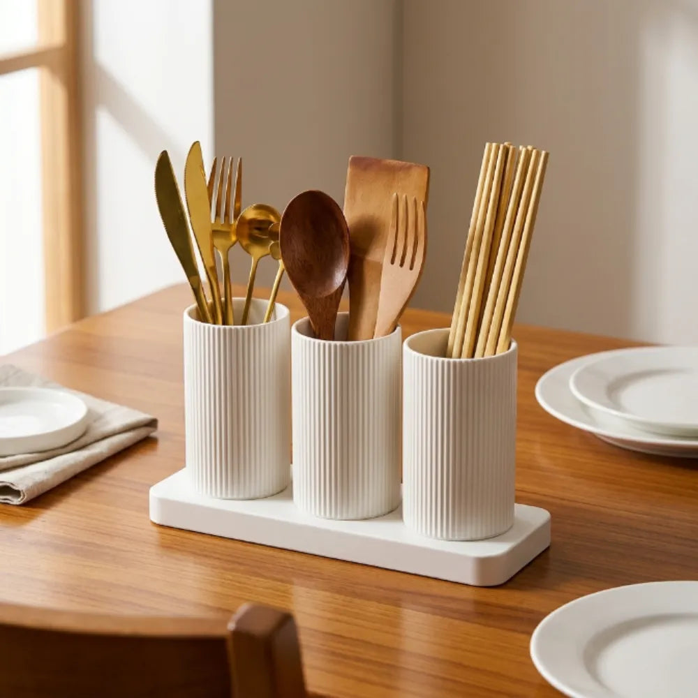 3-Grid ABS Self-Draining Cutlery Holder Stand | Spoon, Fork, Knife & Chopstick Organizer | Kitchen Tableware Storage Box