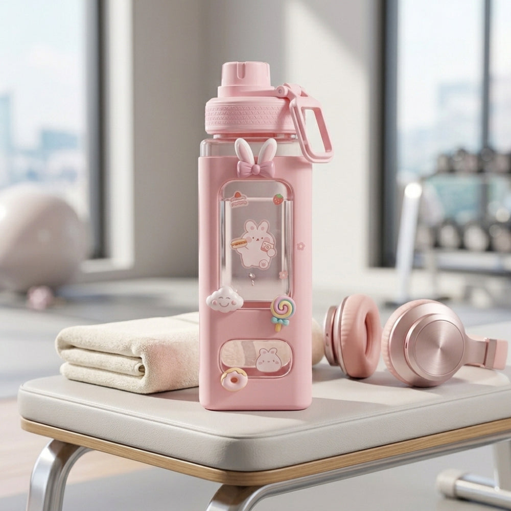Kawaii Cute Plastic Water Bottle with Straw & Stickers | Leakproof Large Capacity Square Drinking Bottle