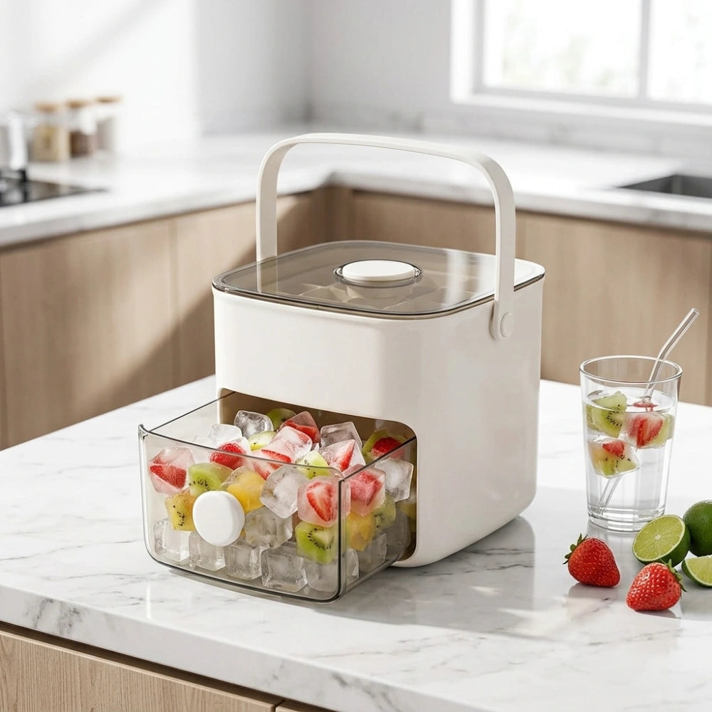 Double Layer Ice Cube Maker with Storage Box, BPA-Free Plastic, Push-Button Release, Transparent Drawer, Carry Handle