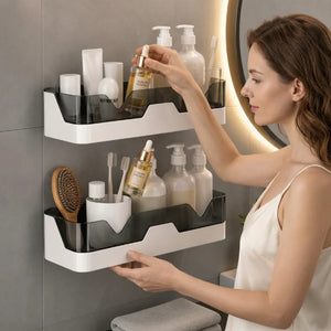 Self-Adhesive Dual-Layer Bathroom Wall Rack | No-Drill Plastic Wall Mounted Storage Organizer for Toiletries & Bathroom Accessories