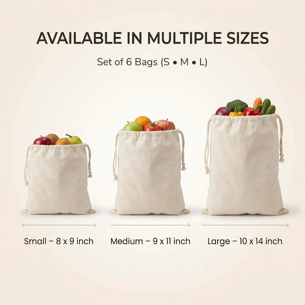6 PCS Cotton Muslin Storage Bags – Reusable Drawstring Fruit & Vegetable Bags