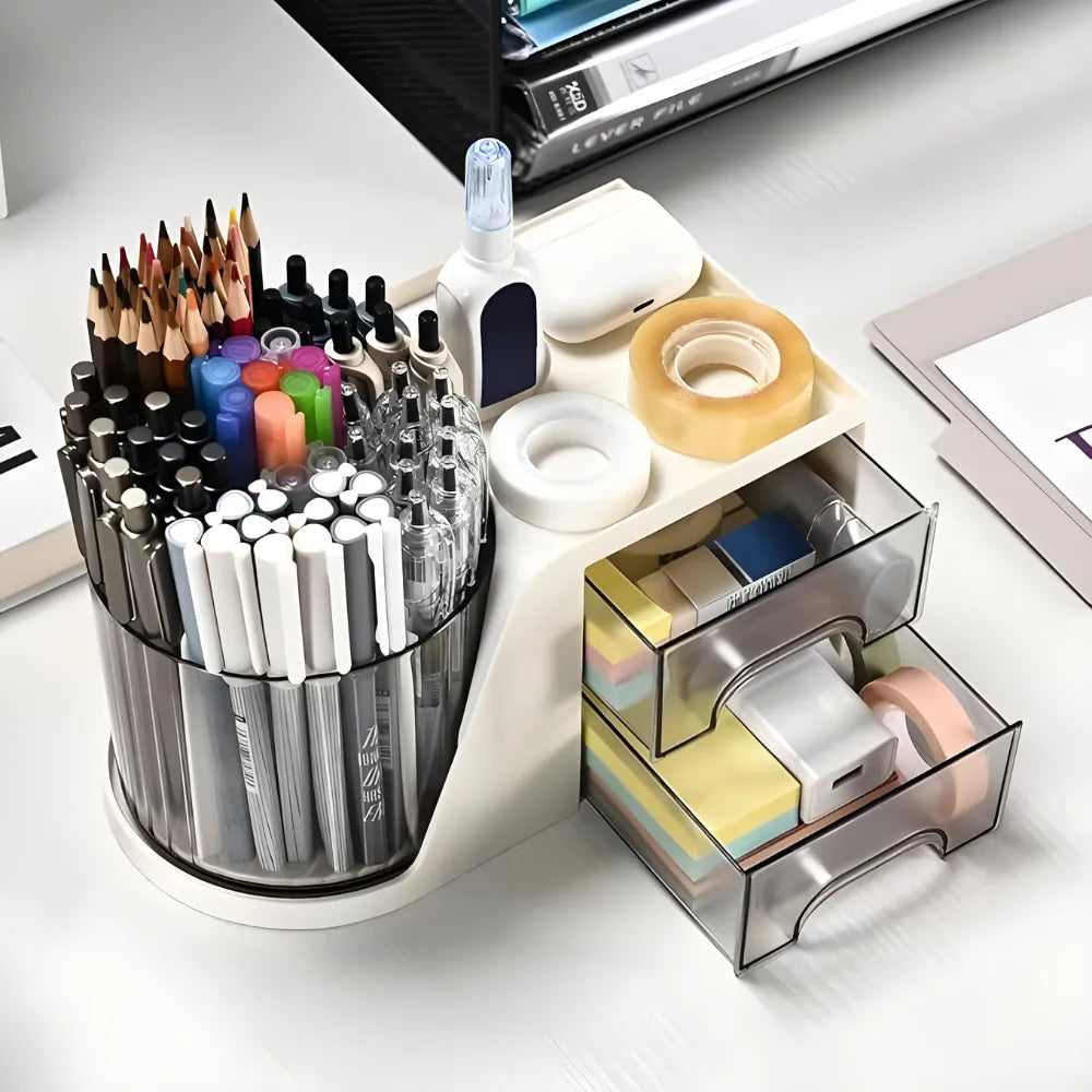 360° Rotating Desk Organizer with 2 Drawers | Multi-Purpose Pen Stand & Stationery Holder | Desktop Storage for Office, Study & Home