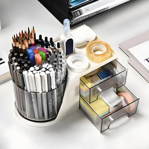 360° Rotating Desk Organizer with 2 Drawers | Multi-Purpose Pen Stand & Stationery Holder | Desktop Storage for Office, Study & Home