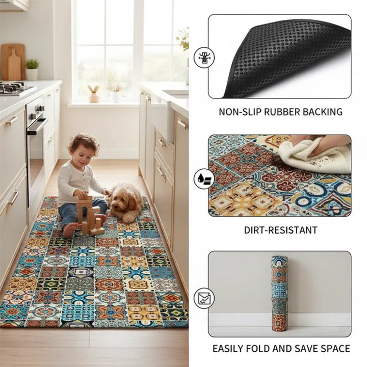 2-Piece Colorful Moroccan Mosaic Kitchen Mat Set | Boho Tile Patchwork Non-Slip Anti-Fatigue Washable Runner Rugs for Kitchen & Hallway