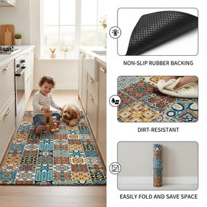 2-Piece Colorful Moroccan Mosaic Kitchen Mat Set | Boho Tile Patchwork Non-Slip Anti-Fatigue Washable Runner Rugs for Kitchen & Hallway