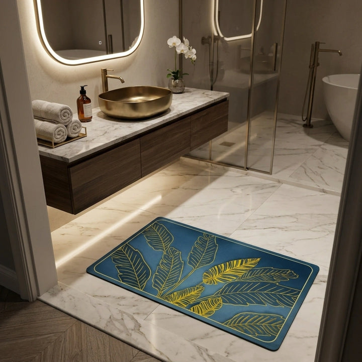Tropical Leaf Printed Bathroom Mat | Super Soft Anti-Slip Quick Dry Water Absorbent Floor Rug for Bathroom & Entrance