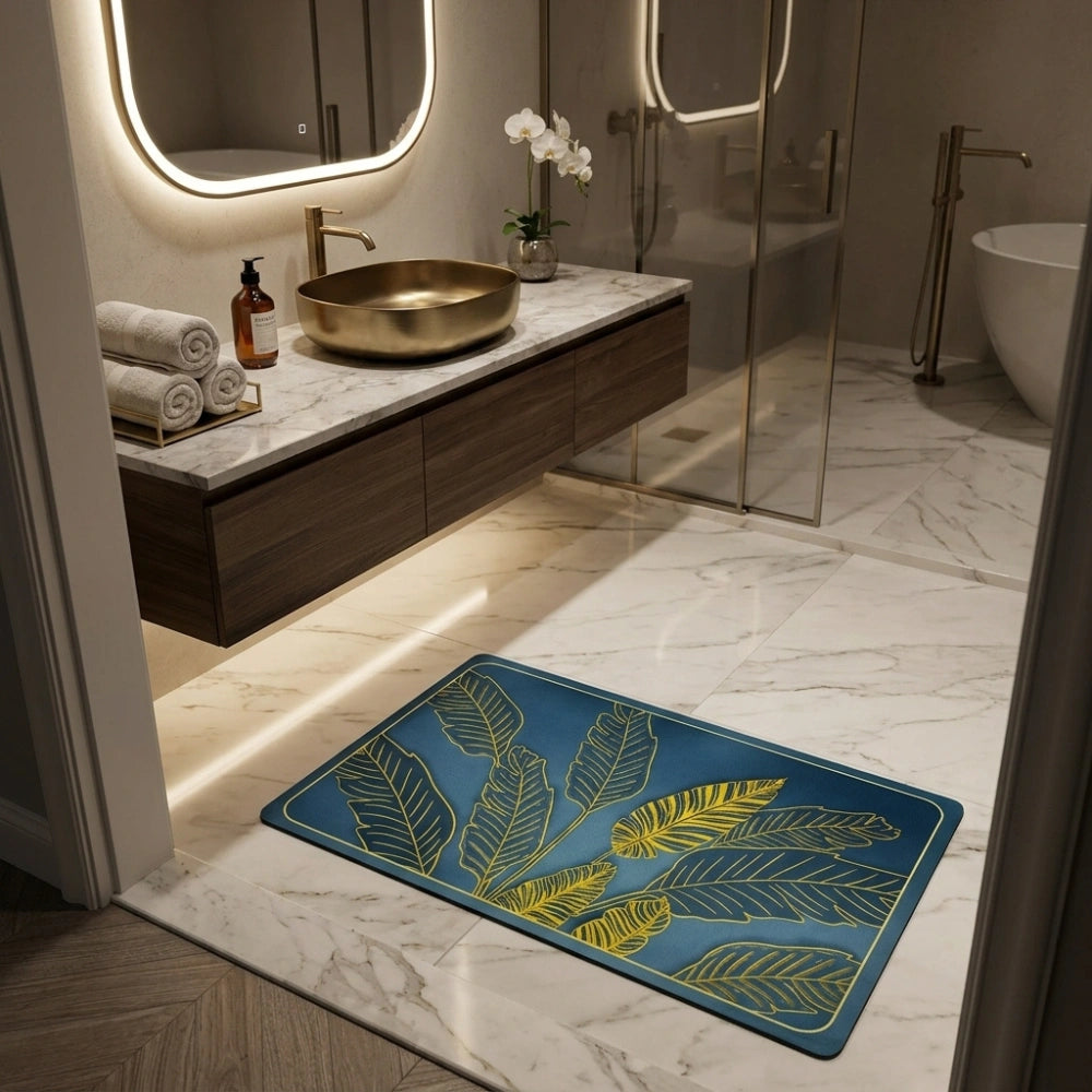 Tropical Leaf Printed Bathroom Mat | Super Soft Anti-Slip Quick Dry Water Absorbent Floor Rug for Bathroom & Entrance