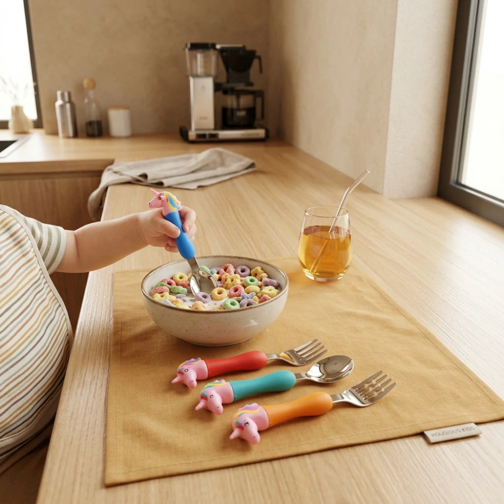 Unicorn Baby Feeding Spoon & Fork Set | Silicone Handle Stainless Steel Cutlery for Babies, Toddlers & Kids | BPA-Free Self Feeding Tableware