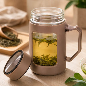 500ml Double Wall Borosilicate Glass Tea Mug with Lid & Handle | Heat-Resistant Coffee Cup | Portable Travel Tumbler for Home & Office