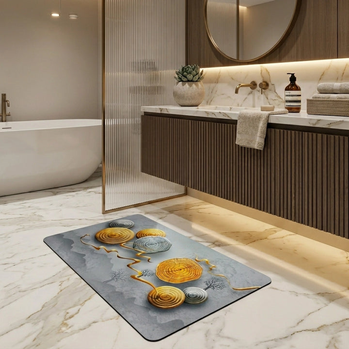 Zen Stone Wood Slice Bath Mat | Non Slip Absorbent Bathroom Rug Modern Spa Floor Mat