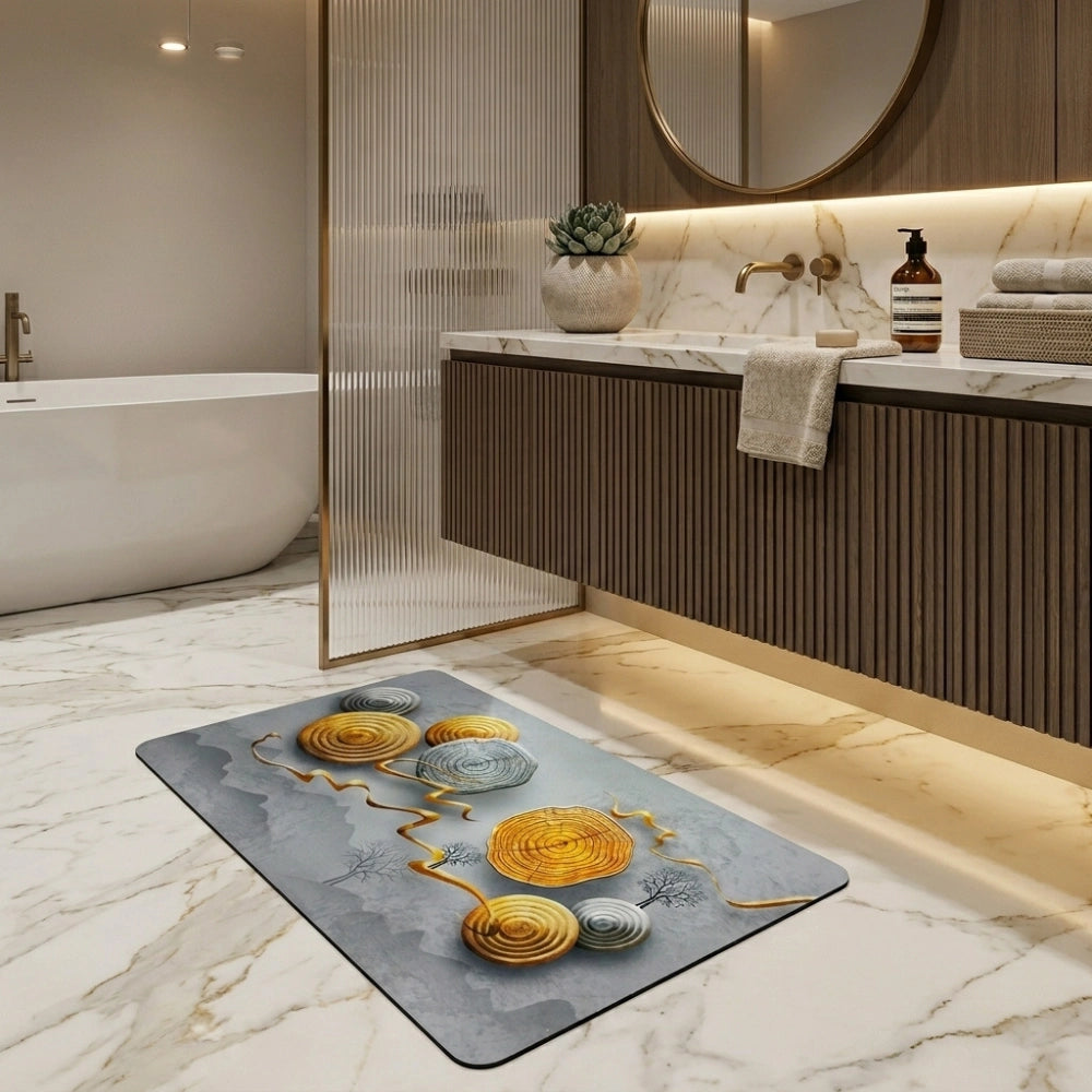 Zen Stone Wood Slice Bath Mat | Non Slip Absorbent Bathroom Rug Modern Spa Floor Mat