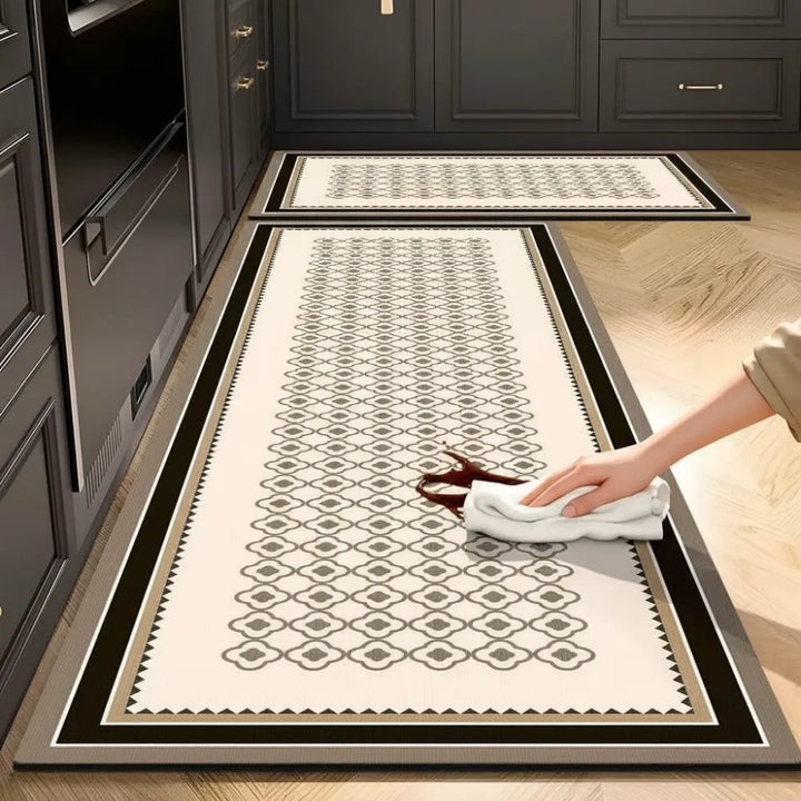 2-Piece Black & White Geometric Kitchen Mat Set | Non-Slip Anti-Fatigue Washable Runner Rugs with Elegant Tile Pattern for Kitchen & Hallway
