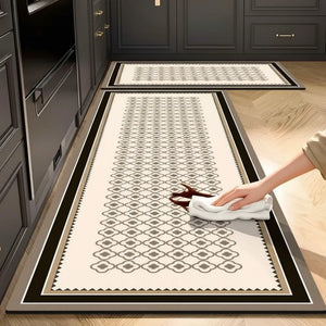 2-Piece Black & White Geometric Kitchen Mat Set | Non-Slip Anti-Fatigue Washable Runner Rugs with Elegant Tile Pattern for Kitchen & Hallway