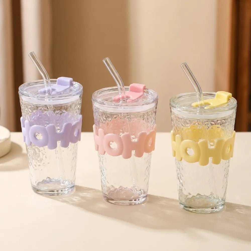 450ml HOHO Glass Cup with Lid & Straw | Glass Water Bottle with Silicone Sleeve | Iced Coffee & Cold Drinks Tumbler