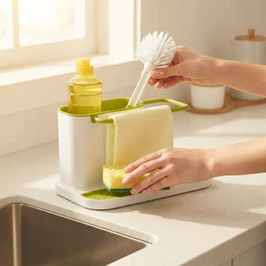 3-in-1 Kitchen Sink Organizer | Wall Mounted Dishwashing Caddy with Soap, Sponge & Cloth Holder | Plastic Sink Storage Stand