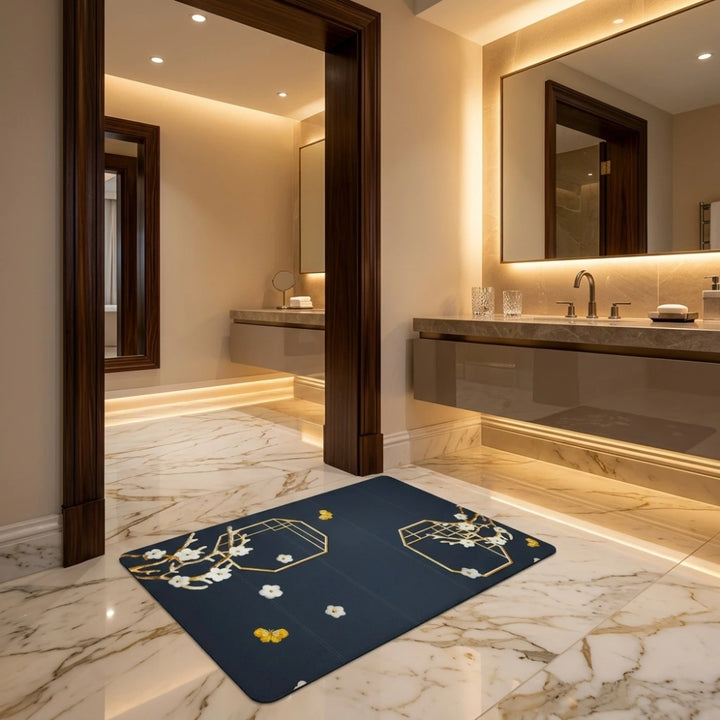 Elegant Floral Japanese Style Bathroom Mat | Soft Anti-Slip Quick Dry Absorbent Floor Rug for Bathroom & Bedroom