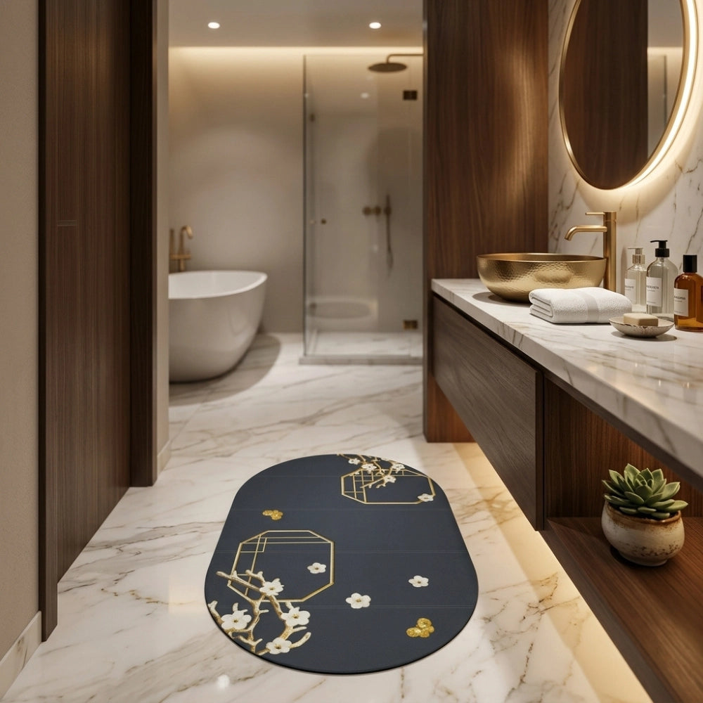 Charcoal Oval Bath Mat with Gold Geometric & White Blossom | Soft Quick Dry Anti-Slip Absorbent Floor Rug for Bathroom Entrance & Bedroom